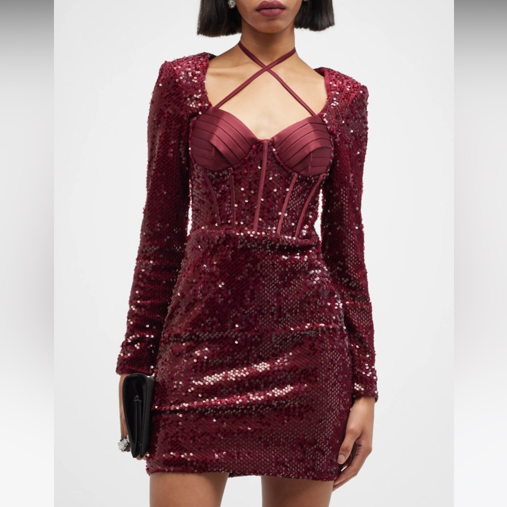 NWT Lavish Alice Sequin Corset Sweetheart Mini Dress, Burgundy, Size UK 8/ US 4